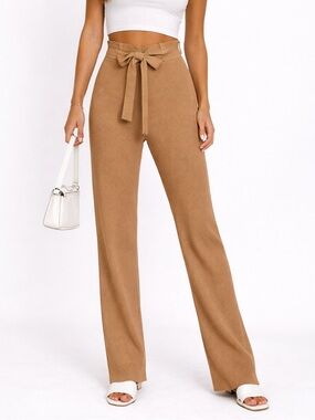 LPA Ribbed Knit High Waisted Tie Waist Pants Tan Slim Stretch Women’s